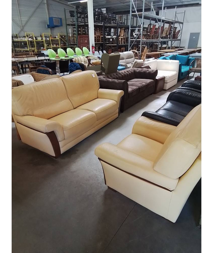 ENSEMBLE CANAPÉ 2 PLACES + FAUTEUIL BOIS ET CUIR JAUNE