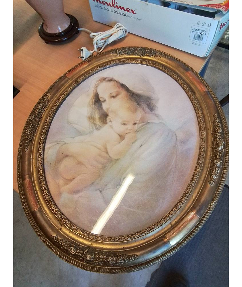 GRAVURE LA FEMME ET SON ENFANT CADRE BOIS ET STUC DORÉ 