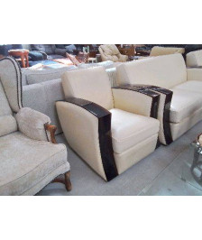 FAUTEUIL CLUB STYLE ART DECO BOIS DE MACASSAR ET CUIR