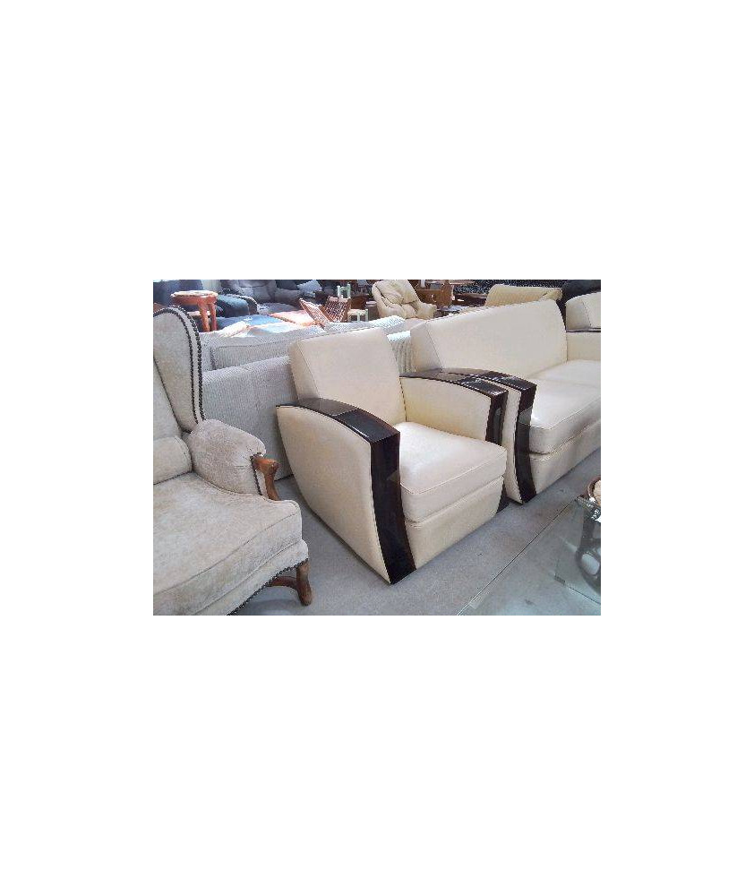 FAUTEUIL CLUB STYLE ART DECO BOIS DE MACASSAR ET CUIR