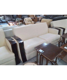 CANAPE 2 PLACES CLUB STYLE ART DECO BOIS DE MACASSAR ET CUIR
