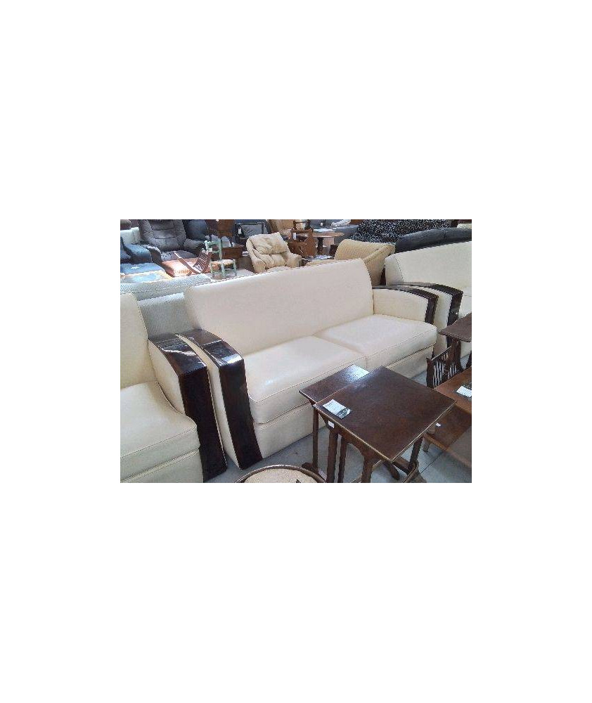 CANAPE 2 PLACES CLUB STYLE ART DECO BOIS DE MACASSAR ET CUIR