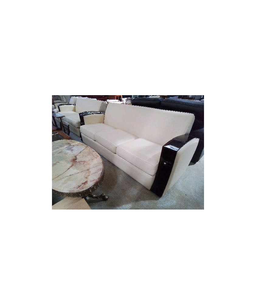 CANAPE 3 PLACES CLUB STYLE ART DECO BOIS DE MACASSAR ET CUIR