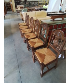 6 CHAISES BOIS PAILLÉ A ENTRETOISE DOSSIER CINTRÉ ET SCULPTÉ STYLE BRUTALISTE 