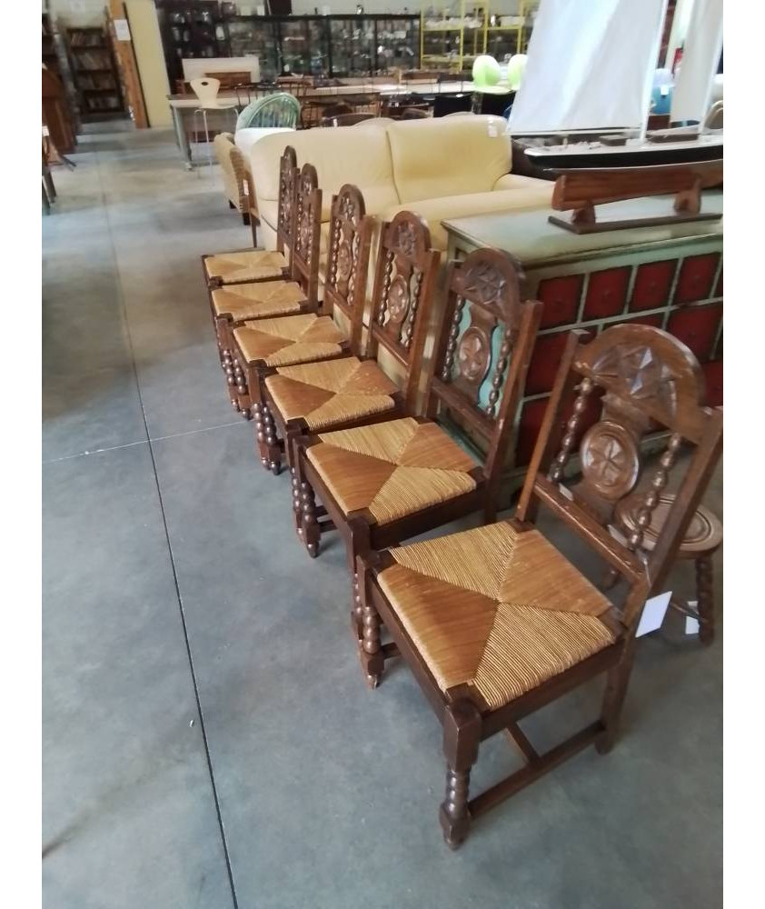 6 CHAISES BOIS PAILLÉ A ENTRETOISE DOSSIER CINTRÉ ET SCULPTÉ STYLE BRUTALISTE 6 CHAISES BOIS PAILLÉ A ENTRETOISE DOSSIER CINTRÉ ET SCULPTÉ STYLE BRUTALISTE