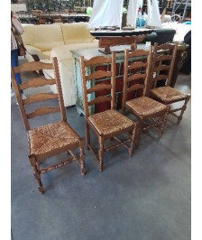 4 CHAISES A ENTRETOISE BOIS PAILLÉ DOSSIER 4 BARREAUX PIEDS BALUSTRE 