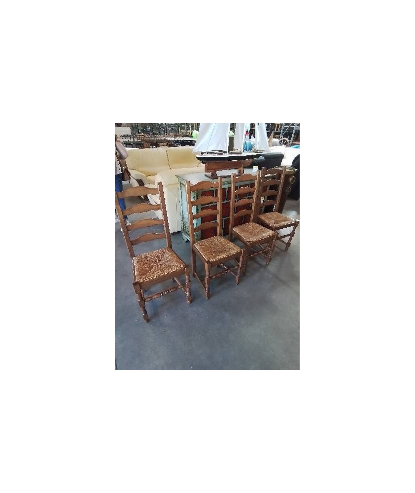 4 CHAISES A ENTRETOISE BOIS PAILLÉ DOSSIER 4 BARREAUX PIEDS BALUSTRE 