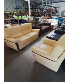 ENSEMBLE CANAPÉ 2 PLACES + FAUTEUIL BOIS ET CUIR JAUNE