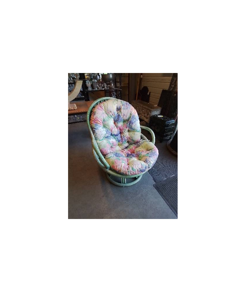 FAUTEUIL ROTIN VERT PIVOTANT ASSISE TISSU FLEURI 