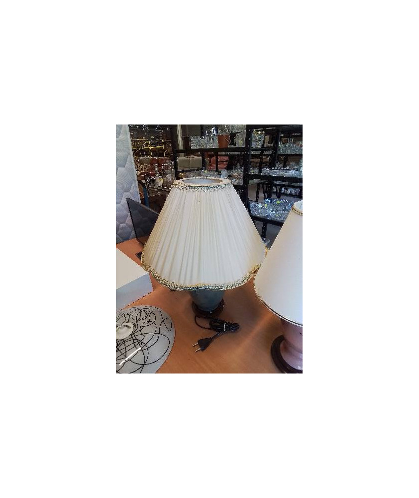 LAMPE CÉRAMIQUE BLEU SOCLE BOIS AJ VOLANT ECTU LISERÉ BLEU