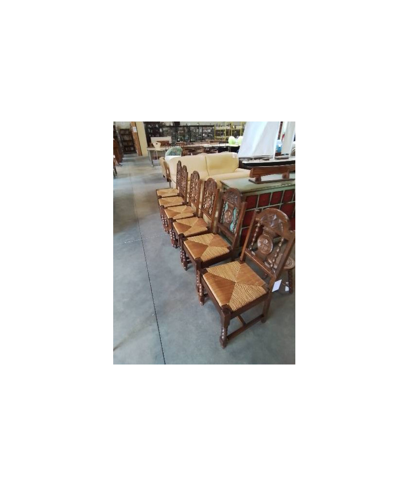 6 CHAISES BOIS PAILLÉ A ENTRETOISE DOSSIER CINTRÉ ET SCULPTÉ STYLE BRUTALISTE 