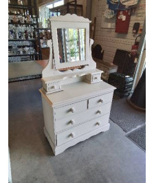 COMMODE COIFFEUSE BOIS PEINT ECRU 6 TIROIRS 
