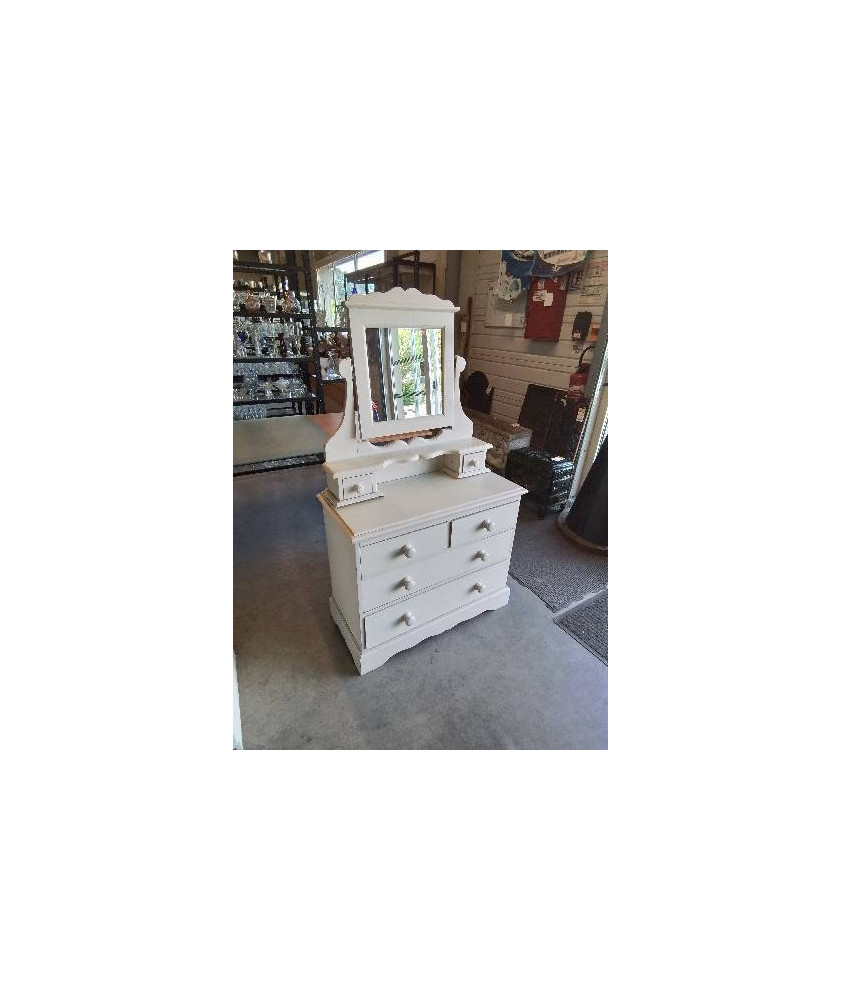 COMMODE COIFFEUSE BOIS PEINT ECRU 6 TIROIRS 