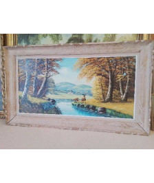 PEINTURE A L’ HUILE SUR TOILE ’ CERF AU BORD DE LA RIVIÈRE ’
