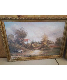 PEINTURE A L’HUILE ’ MAISON AU BORDS DE L’EAU’