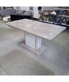 TABLE MODERNE PIED CENTRAL EFFET BOIS ET LAQUÉ BLANC
