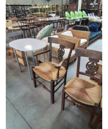 FAUTEUIL DE CHEMINÉE BOIS PAILLÉ DOSSIER SCULPTÉ AUX FLEURS 