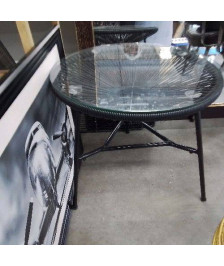 TABLE BASSE RONDE PLATEAU VERRE DESSOUS FILS PLASTIQUES