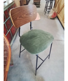 TABOURET DE BAR PIÈTEMENT MÉTAL NOIR DOSSIER BOIS ASSISE TISSU BRONZE
