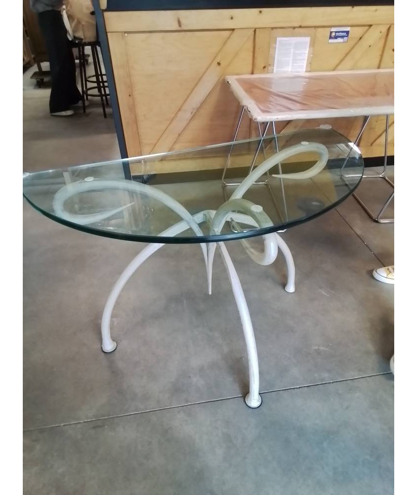 CONSOLE DEMI LUNE PIÈTEMENT ACIER FORGÉ PLATEAU VERRE