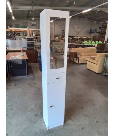 COLONNE DE SALLE DE BAIN BOIS BLANC 2 PORTES 1 TIROIR POIGNÉES MÉTAL CHROMÉ 