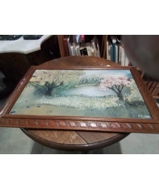 HUILE SUR TOILE ARBRES CADRE BOIS SCULPTÉ 76X50