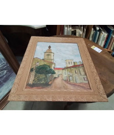 AQUARELLE VILLAGE ENCADREMENT BOIS SCULPTÉ AUX PANIERS 