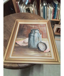 HUILE SUR TOILE NATURE MORTE AU POT A LAIT ENCADREMENT BOIS DORE 32X40