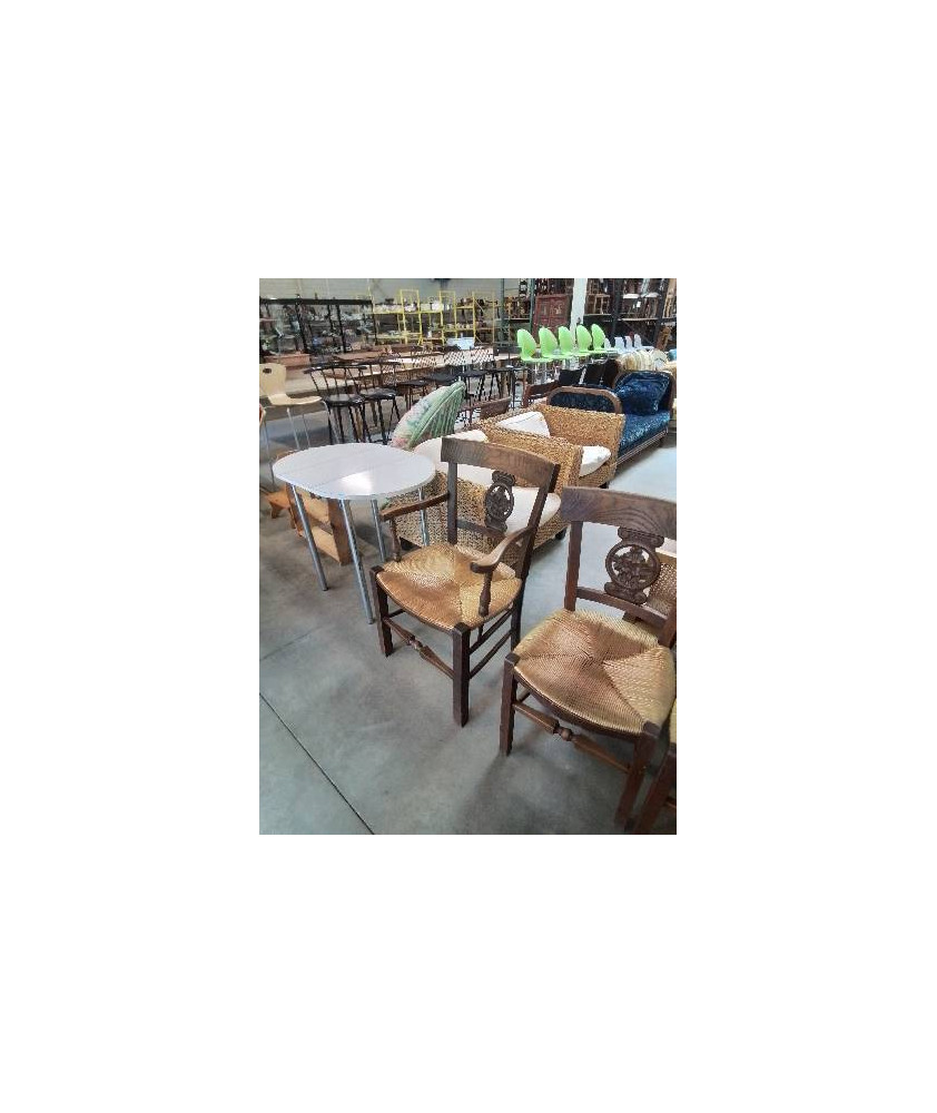 FAUTEUIL DE CHEMINÉE BOIS PAILLÉ DOSSIER SCULPTÉ AUX FLEURS 