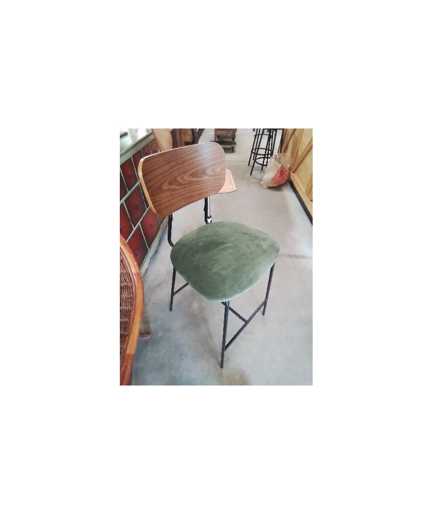 TABOURET DE BAR PIÈTEMENT MÉTAL NOIR DOSSIER BOIS ASSISE TISSU BRONZE