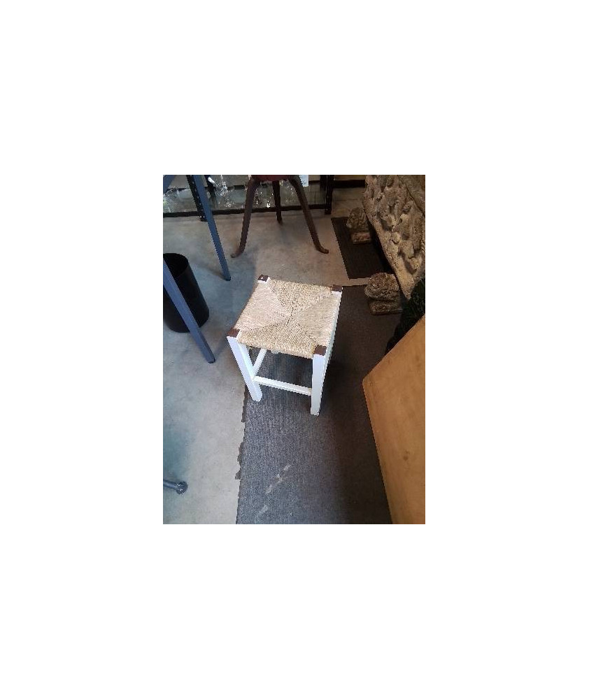 TABOURET BOIS PEINT ECRU PAILLÉ 