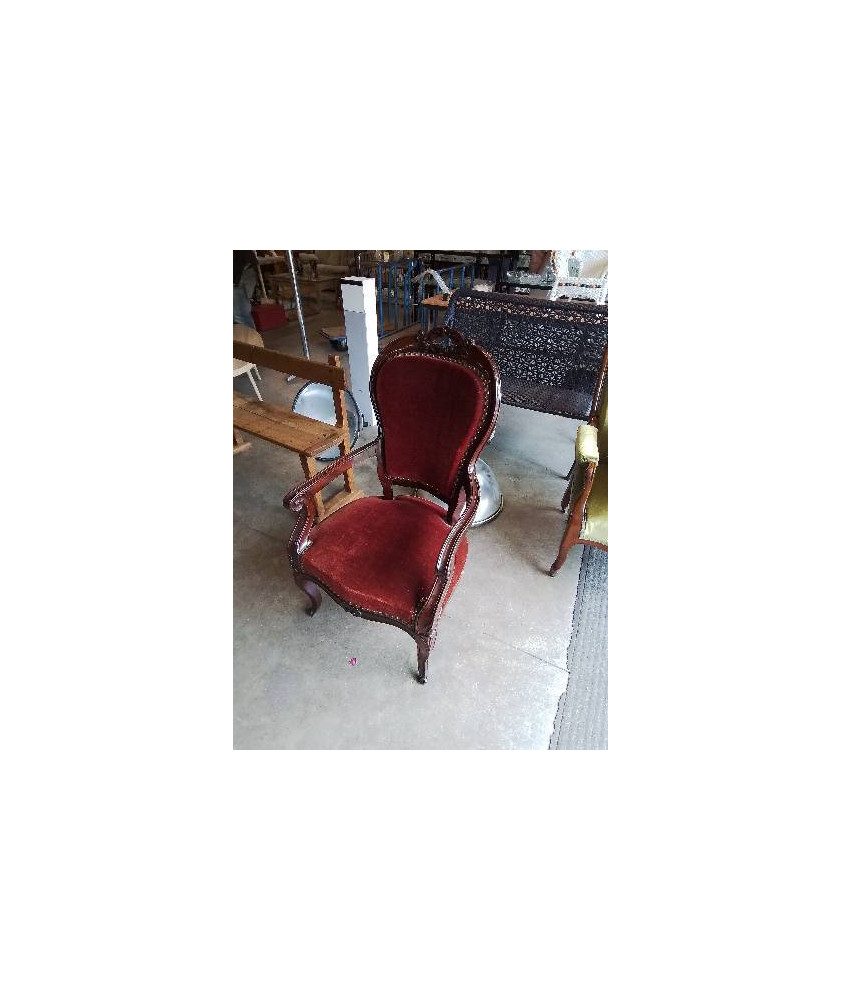 FAUTEUIL ACAJOU  NAPOLÉON III ASSISE ET DOSSIER VELOURS GRENAT  