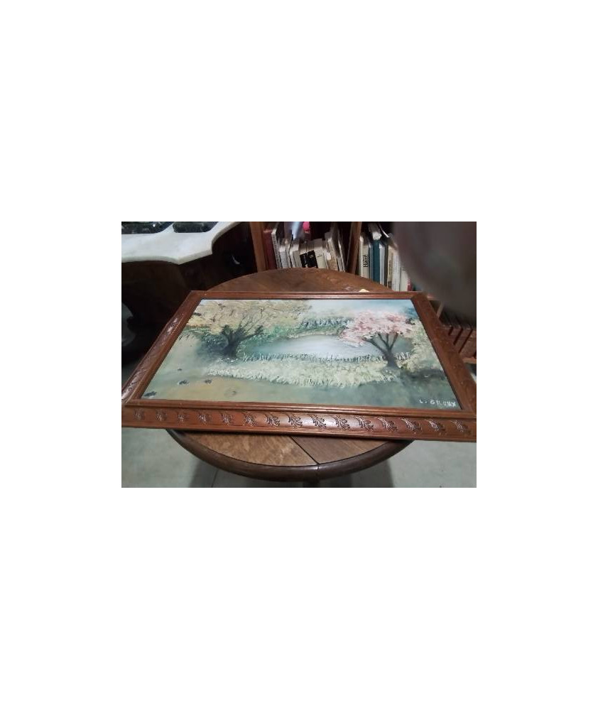 HUILE SUR TOILE ARBRES CADRE BOIS SCULPTÉ 76X50