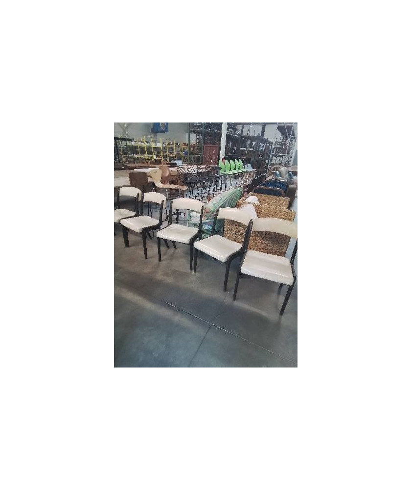 6 CHAISES GONDOLE NF N°14 BOIS ASSISE ET DOSSIER CAPITONNÉ SKAÏ ECRU  ANNÉES 60