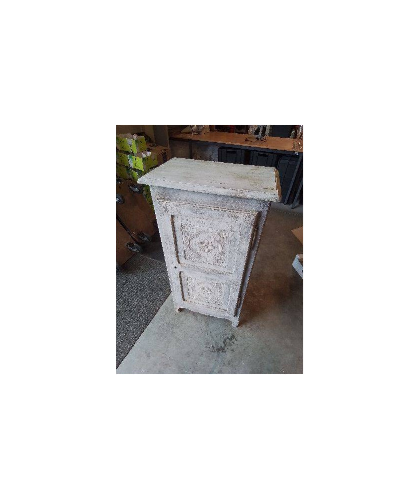 MEUBLE 1 PORTE BOIS SCULPTÉ GRIS CERUSÉ 