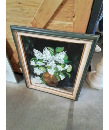HUILE SUR TOILE BOUQUET DE FLEURS CADRE MOULURÉ VERT ET DORÉ 