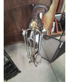 SERVITEUR DE CHEMINÉE FER FORGÉ ET BOULE LAITON 5 PIÈCES 