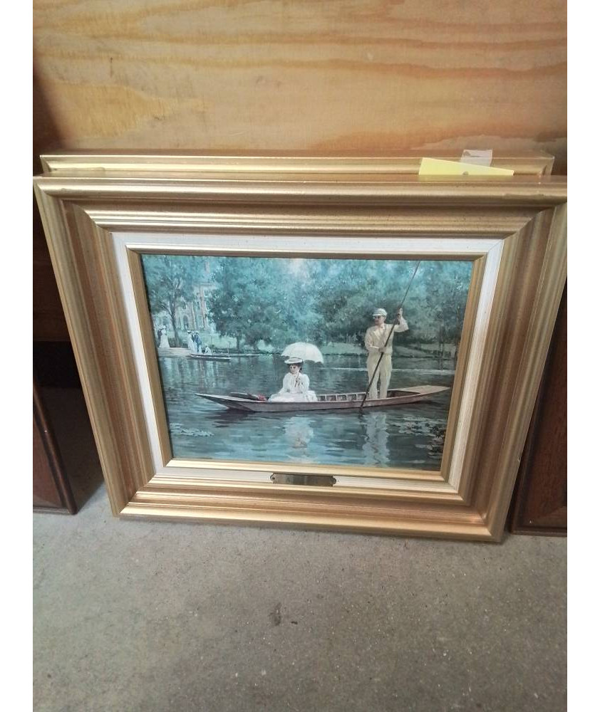 REPRODUCTION A.MALEY BALADE COUPLE EN BARQUE CADRE MOULURÉ DORÉ 