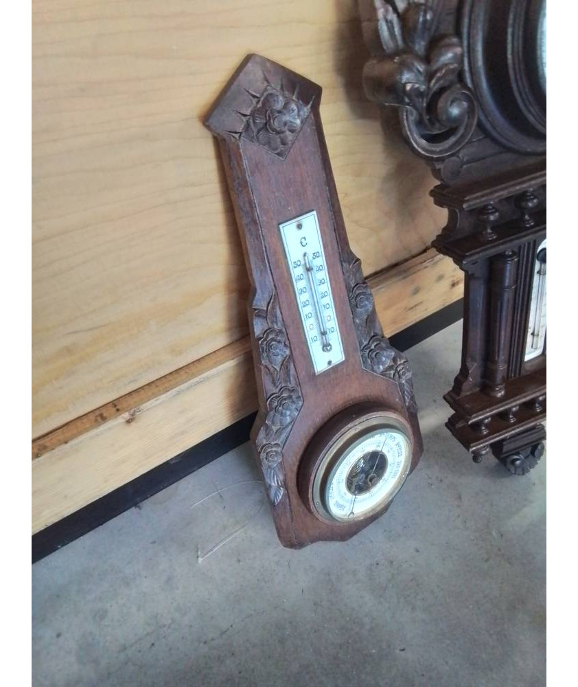 BAROMÈTRE THERMOMÈTRE BOIS GRAVÉ ANNÉES 40