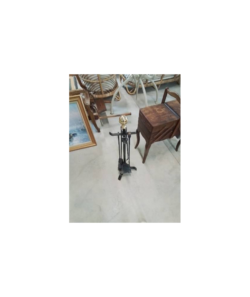 NÉCESSAIRE DE CHEMINÉE FER FORGE BOULE LAITON 5 PIECES 