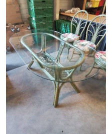 TABLE OVALE ROTIN VERT PLATEAU VERRE