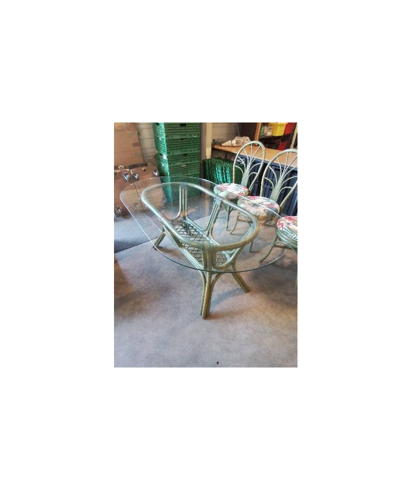 TABLE OVALE ROTIN VERT PLATEAU VERRE