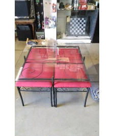 TABLE BASSE FER VERRE + 4 TABOURETS 