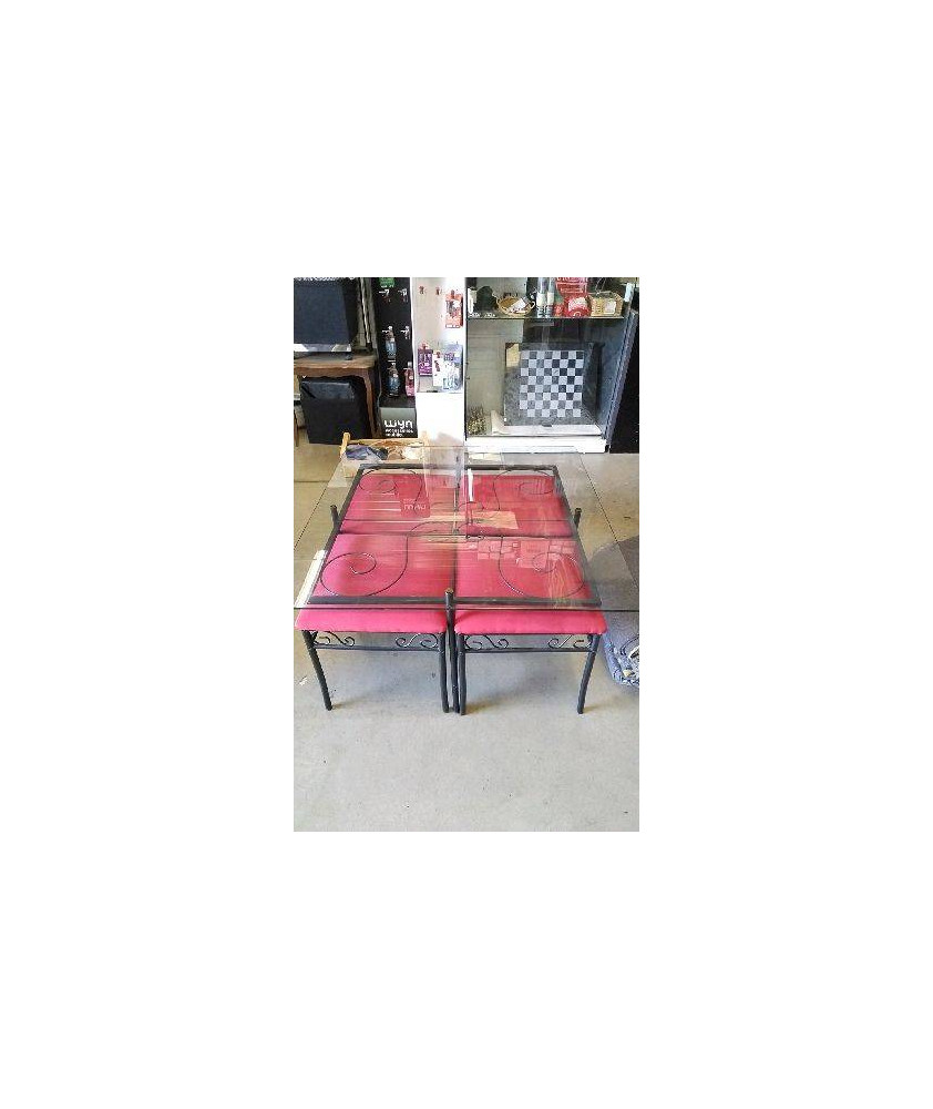TABLE BASSE FER VERRE + 4 TABOURETS 