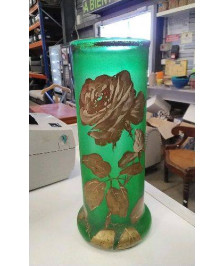 VASE VERRE VERT - FLEURS DOREES