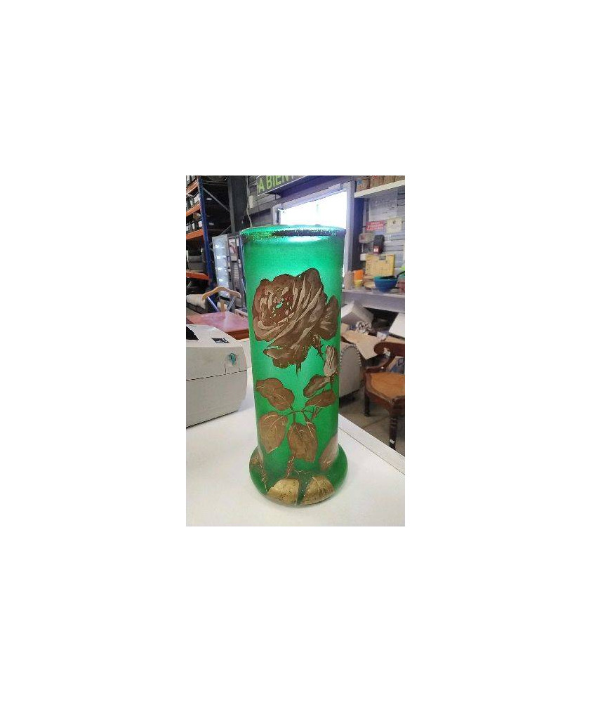 VASE VERRE VERT - FLEURS DOREES