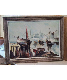 HUILE SUR PANNEAU ’ BATEAU AU PORT’