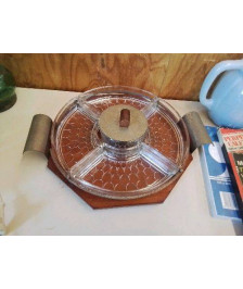 PLATEAU APPERITIF VINTAGE VERRE ET BOIS 
