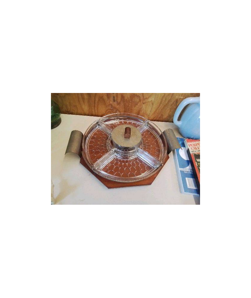 PLATEAU APPERITIF VINTAGE VERRE ET BOIS 