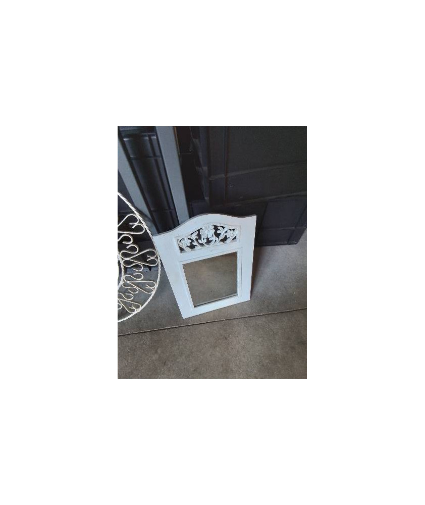 MIROIR RECTANGULAIRE CINTRÉ BOIS PEINT BLANC SCULPTÉ AUX FLEURS 
